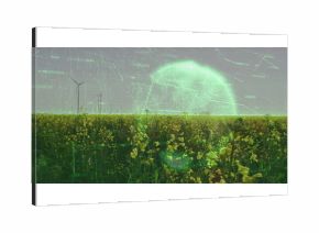 Showing yellow flowering crops covering farmland, with wind turbines and wireframe globe overlay