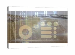Displaying semi-transparent donut chart with pie and bar graphs above frosty coastal shoreline