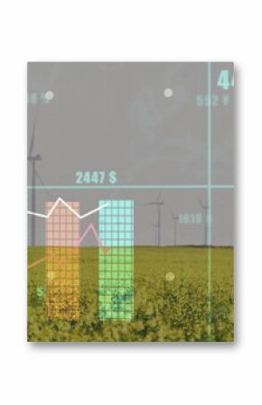 Displaying bar graphs and line charts merging at wind farm with yellow flowering field and turbines