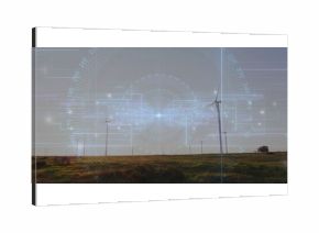 Displaying large wind turbine rotating over grassy plain, with digital HUD overlay, copy space