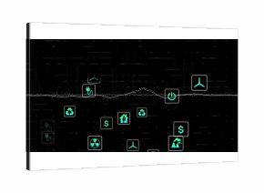 Displaying stylized dashboard showing floating green plug icon above white waveform, sustainability