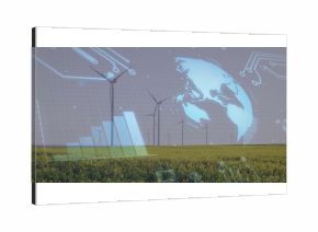 Animating circuit lines chart globe overlay above wind turbines on yellow crop field