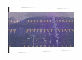 Rotating three white wind turbines on rural wind farm, with digital data overlays