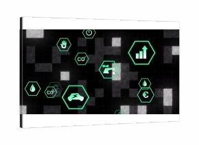 Displaying neon green hexagon icons for sustainability, water, energy, CO?, hand on digital grid