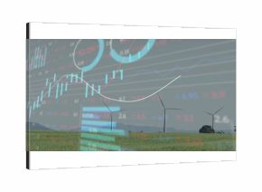 Featuring three wind turbines standing at wind farm on grassy plain, with financial data overlays