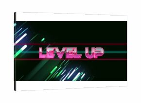 Glowing neon text LEVEL UP shining in dark digital void, with parallel bars and diagonal streaks