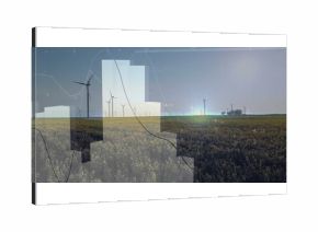 Displaying wind turbines rising above yellow flowering crop field with overlaid data graphs