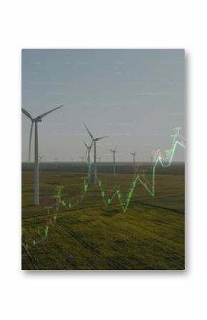 Displaying wind turbines rotating over rural wind farm, showing candlestick chart overlay