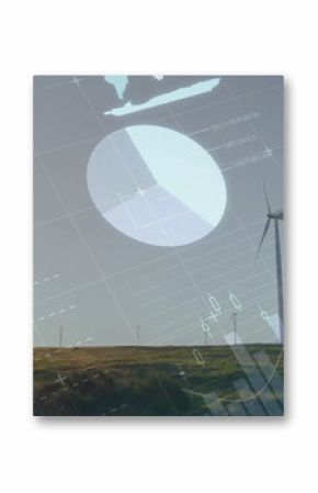 Showing turbine rising over grassy hillside at wind farm, with pie charts and line graph overlays