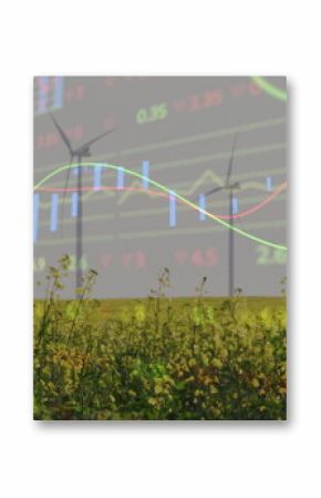 Showing wind turbines spinning over meadow and field, with candlesticks and line graph data