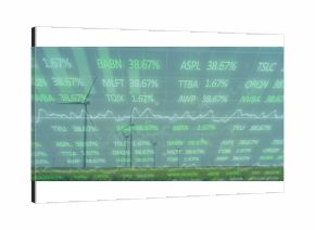 Displaying central wind turbine standing in grassland, showing digital stock tickers and line graph