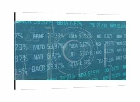 Displaying HUD highlighting stock data on wind farm with turbines, ticker and percentage overlays