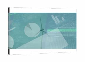 Rotating wind turbine rising into green sky showing code, hex, pie chart, bar graphs, encryption