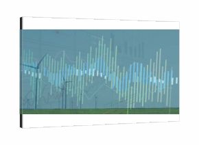 Showing wind turbines spinning on rural plain, with vertical bar charts and line graph overlays