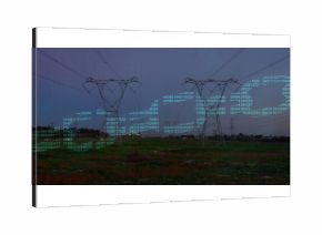 Showing two lattice towers carrying power lines over grassy field at dusk, with data overlays
