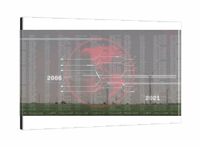 Displaying red digital globe floating above wind turbines, connecting error codes and year labels