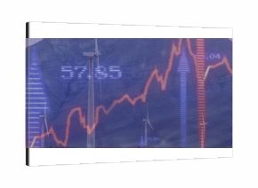 Displaying wind turbine rotating at wind farm with mountains, orange line chart, blue bars, numbers
