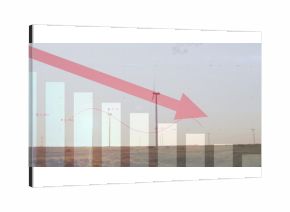 Displaying wind turbine rising on grassland, with bar and line charts and red arrow showing decline