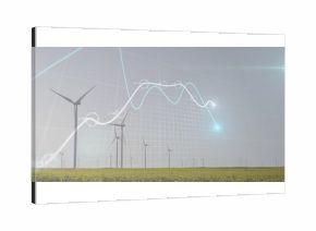 Displaying wind turbine projecting glowing line graph overlay over rural yellow field, copy space