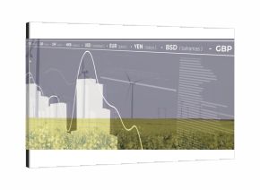 Towering central wind turbine rising at wind farm, with line graph, bar charts, currencies overlay