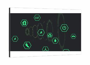 Floating neon green hexagonal icons representing environmental energy themes on dark grey UI panel