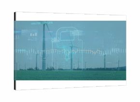 Displaying digital padlock securing data in rural wind farm, with wind turbines and chart overlay