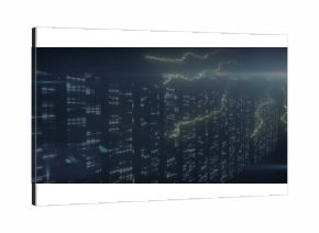 Pulsing digital panels and snaking yellow-green energy arcs in datacenter corridor with lens flares