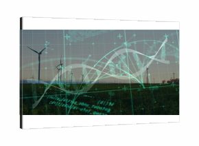 Spinning three wind turbines on grassy plain at sunrise, with DNA helix and digital overlay