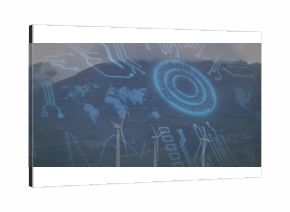 Showing turbines spinning in valley with overlay, world map grid and circular interface element