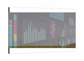 Rotating wind turbines at grassy plain wind farm, with bar charts, pie charts, numeric tables