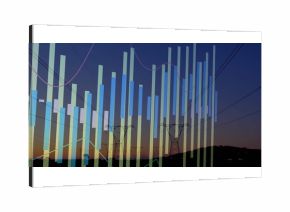 Stretching power lines and towers over rural landscape at dusk, with bar chart overlay