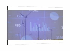 Displaying turbines operating on wind farm, with bar and pie charts, numeric and grid overlays