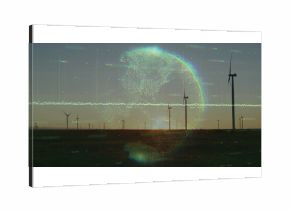 Displaying digital globe hologram hovering over wind turbines at dusk, with data points, code lines
