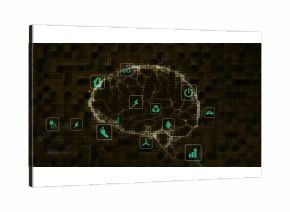 Displaying stylized network outlining brain on digital grid background, with energy and eco icons