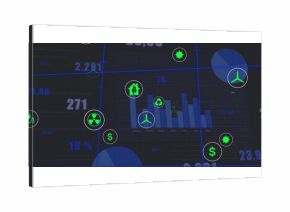 Energy finance dashboard showing on grid with bar chart, pie segments, eco finance icons, numbers