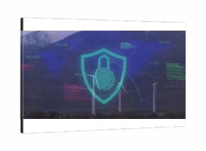 Hovering digital shield over wind farm, highlighting turbines and padlock fingerprint code overlays