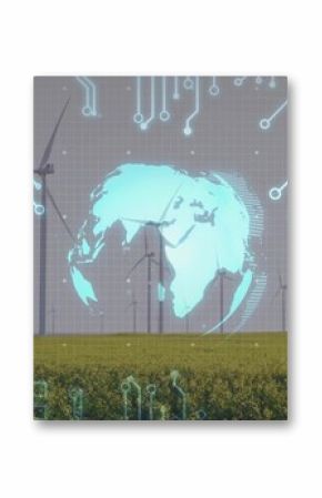 Spanning wind turbines rotating above yellow field, with circuit overlay, glowing globe, bar chart