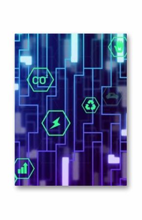 Displaying green eco-energy icons floating in neon circuit board grid, with sustainability symbols