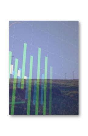 Displaying wind turbines generating energy on grassy hillside at wind farm, with bar  and  line over