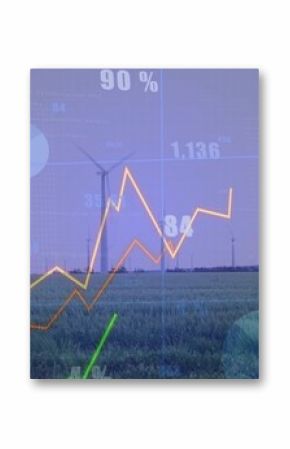 Onshore wind turbines projecting energy data overlay on rural grassy field, with charts and graphs