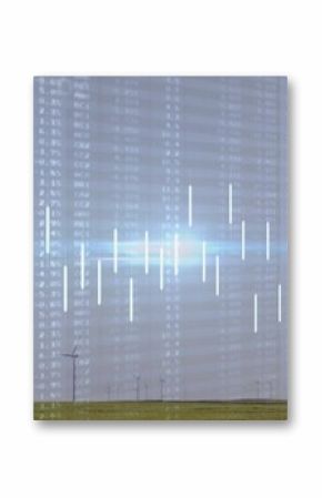 Rotating wind turbine overlaying digital financial data showing percentages and bars in grassland