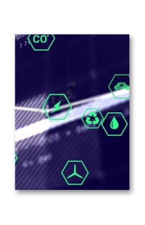 Floating green hexagonal icons showing energy metrics on data screen, with code and rising graph