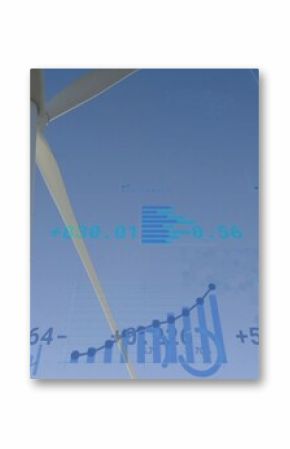 Showcasing wind turbine tower and blade rising into blue sky at energy site, with data overlays