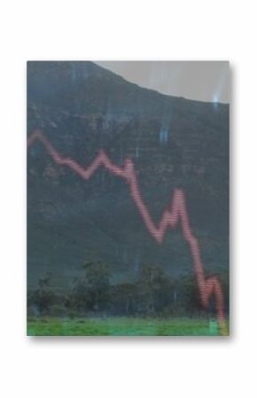 Displaying three white wind turbines rising from field at foothills, with red graph and label 42