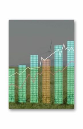 Displaying translucent green-orange columns over crop field turbine, white-yellow-pink trend lines