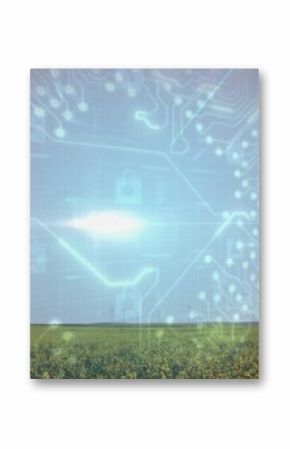 Featuring yellow field and wind turbines at farmland with glowing digital circuitry and lock icons