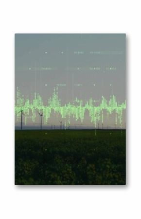 Showing cluster of wind turbines producing power at rural field, with data visualization overlay