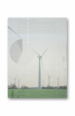 Showcasing central wind turbine rotating over lush rural wind farm, with data visualization overlay