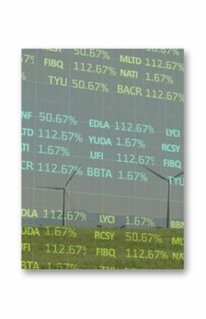 Overlaying digital stock tickers and percent values across three wind turbines on grassy hillside