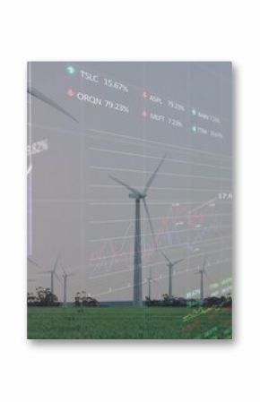 Displaying white wind turbines towering over rural plain, showing stock tickers and chart overlays